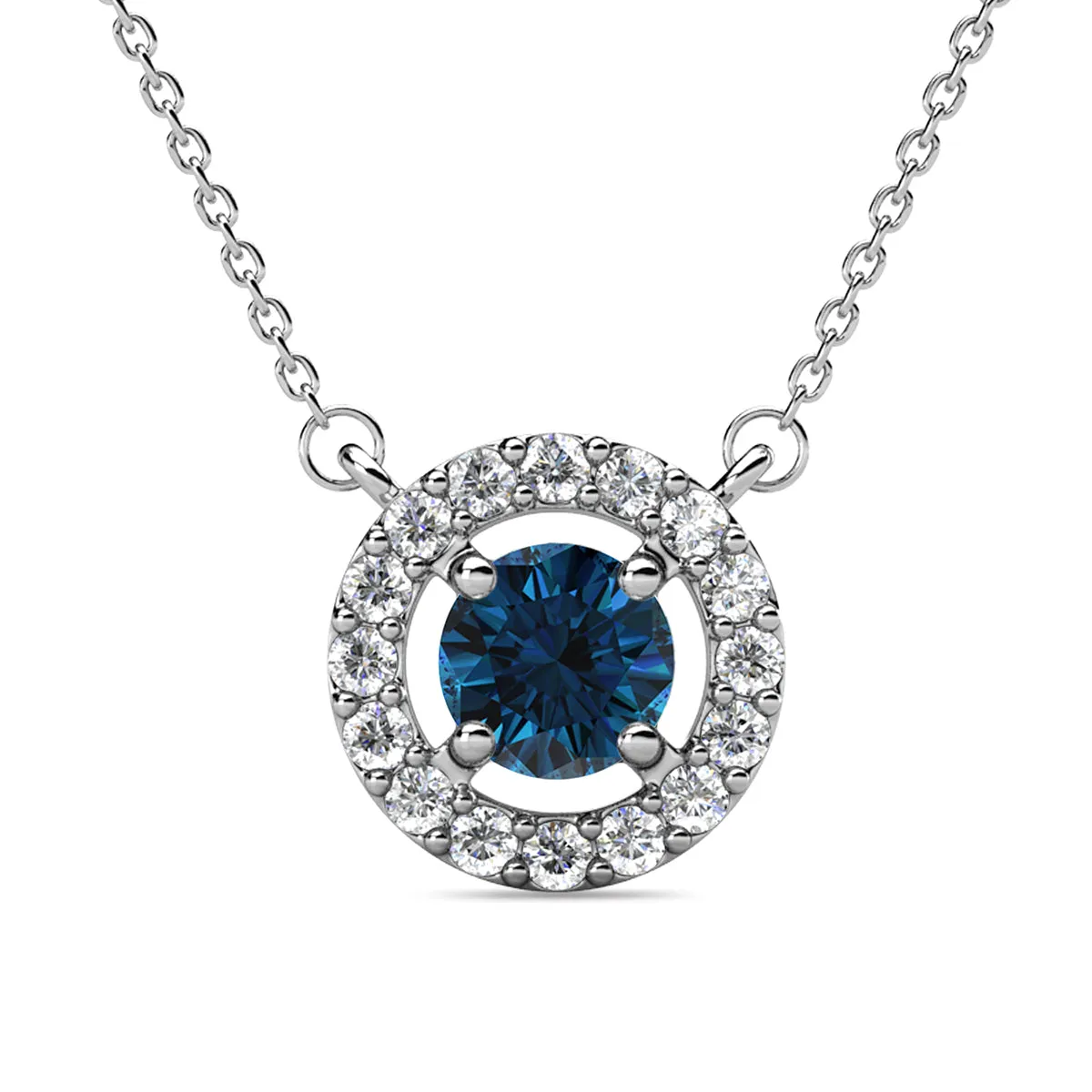 Luxe Swarovski Jewelry Royal Birthstone 18k White Gold Plated Halo Necklace with Round Cut Swarovski Crystals