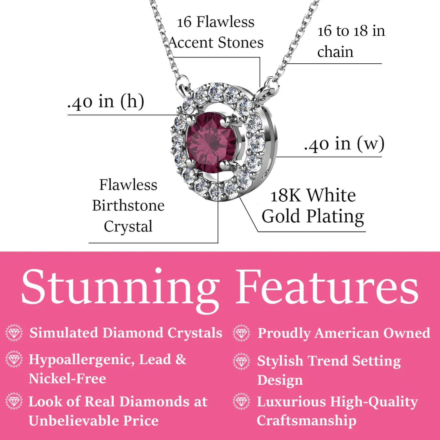 Luxe Swarovski Jewelry Royal Birthstone 18k White Gold Plated Halo Necklace with Round Cut Swarovski Crystals
