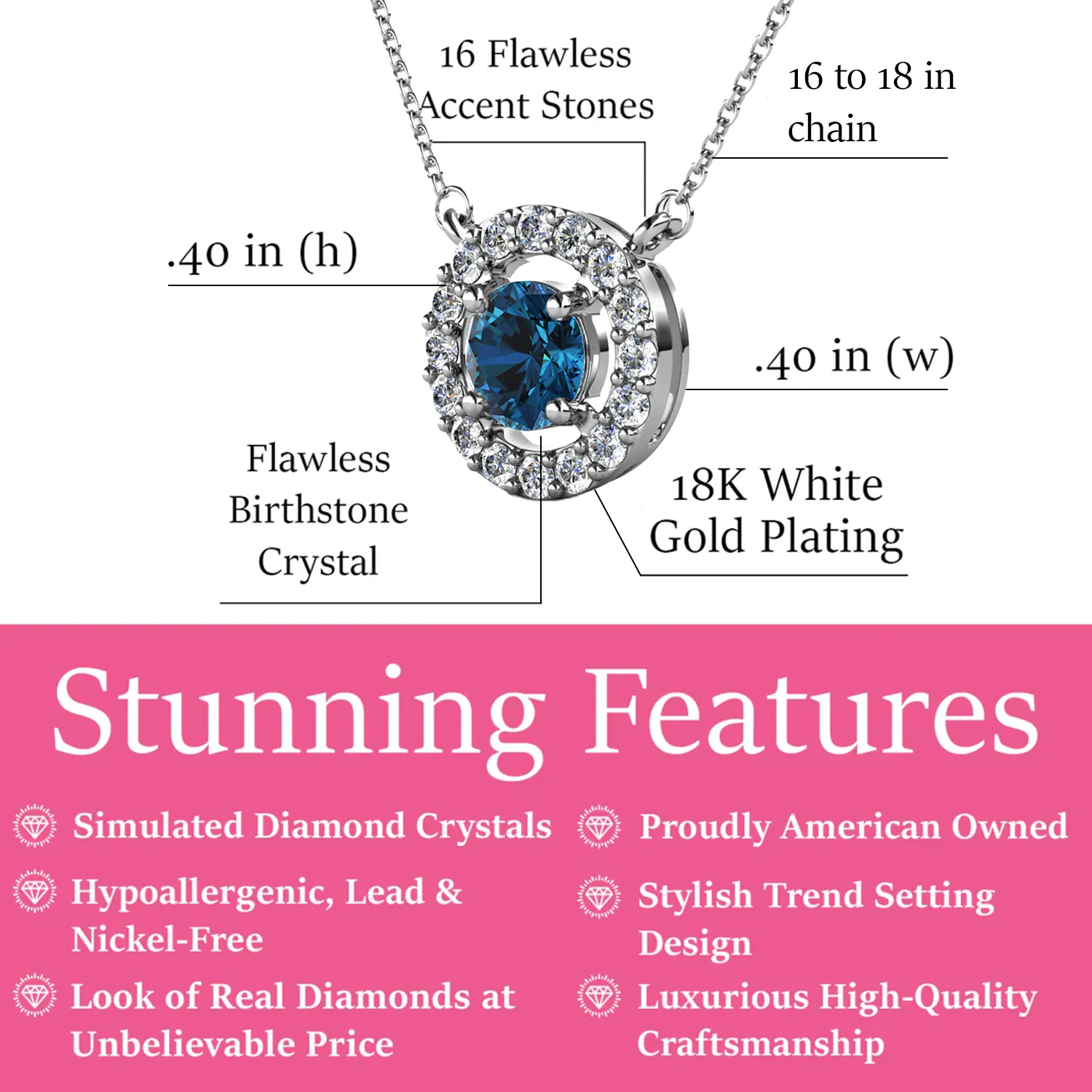 Luxe Swarovski Jewelry Royal Birthstone 18k White Gold Plated Halo Necklace with Round Cut Swarovski Crystals