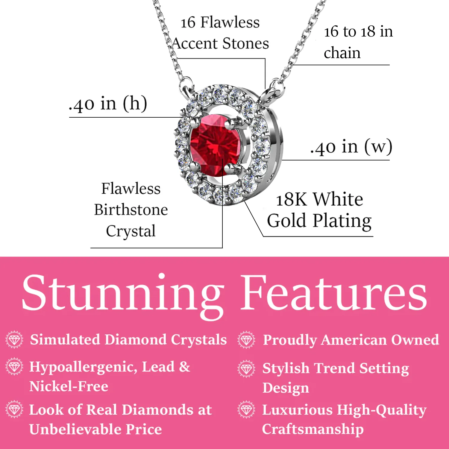 Luxe Swarovski Jewelry Royal Birthstone 18k White Gold Plated Halo Necklace with Round Cut Swarovski Crystals