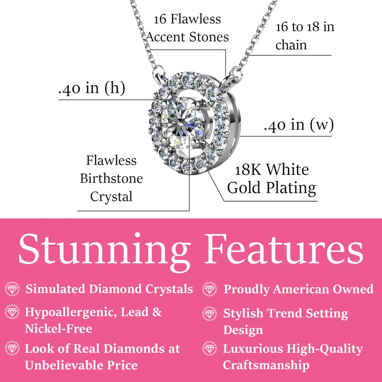Luxe Swarovski Jewelry Royal Birthstone 18k White Gold Plated Halo Necklace with Round Cut Swarovski Crystals