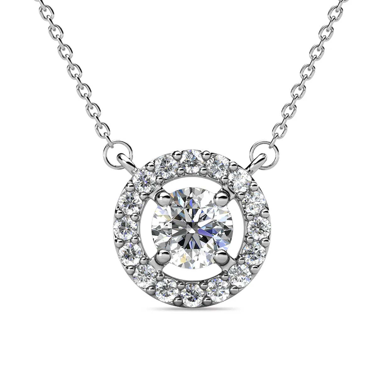 Luxe Swarovski Jewelry Royal Birthstone 18k White Gold Plated Halo Necklace with Round Cut Swarovski Crystals
