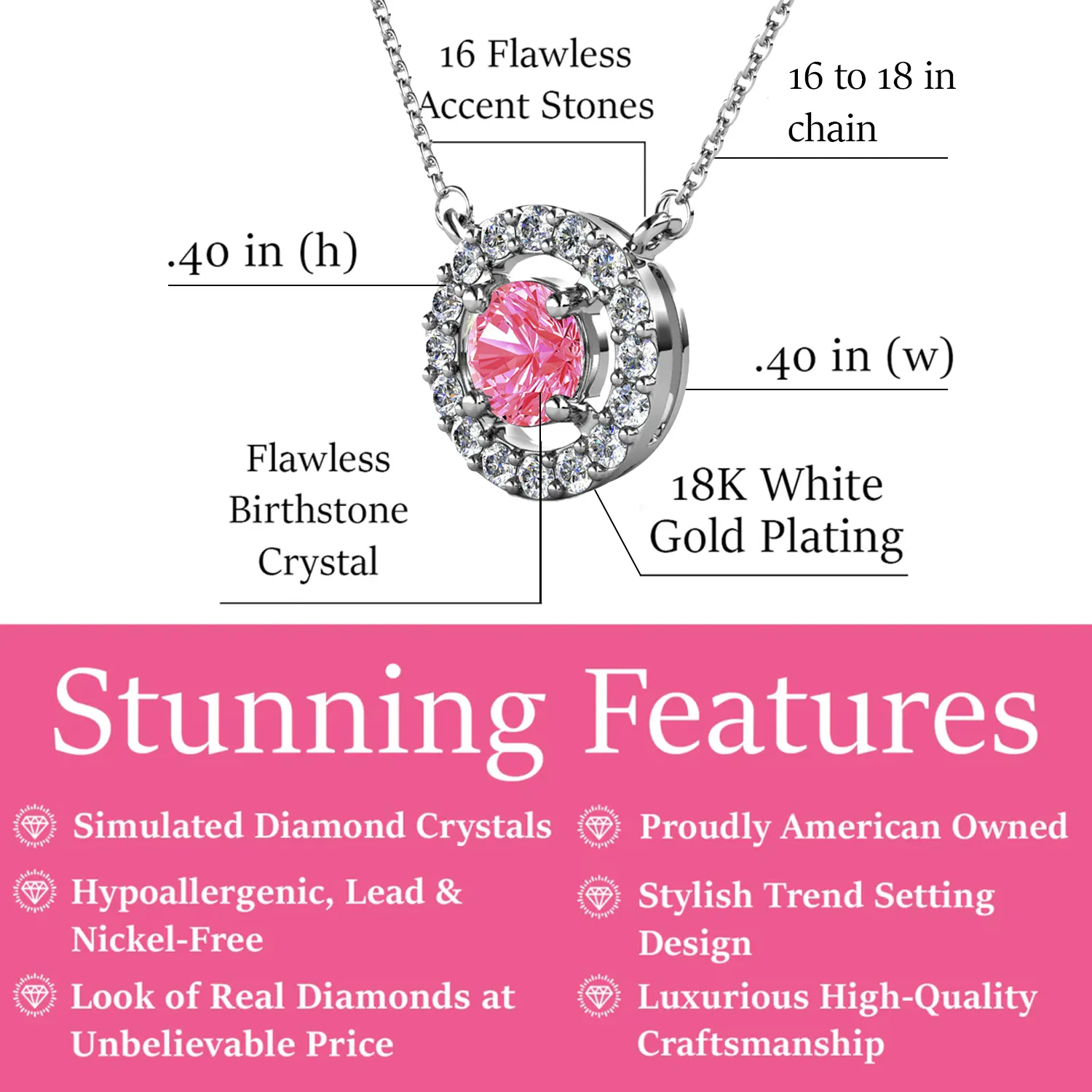 Luxe Swarovski Jewelry Royal Birthstone 18k White Gold Plated Halo Necklace with Round Cut Swarovski Crystals