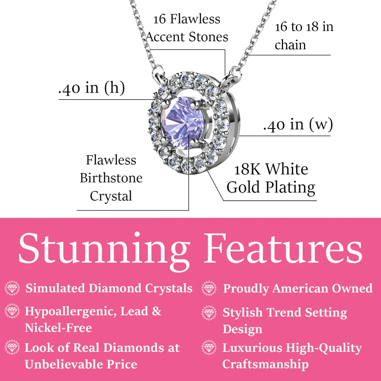Luxe Swarovski Jewelry Royal Birthstone 18k White Gold Plated Halo Necklace with Round Cut Swarovski Crystals