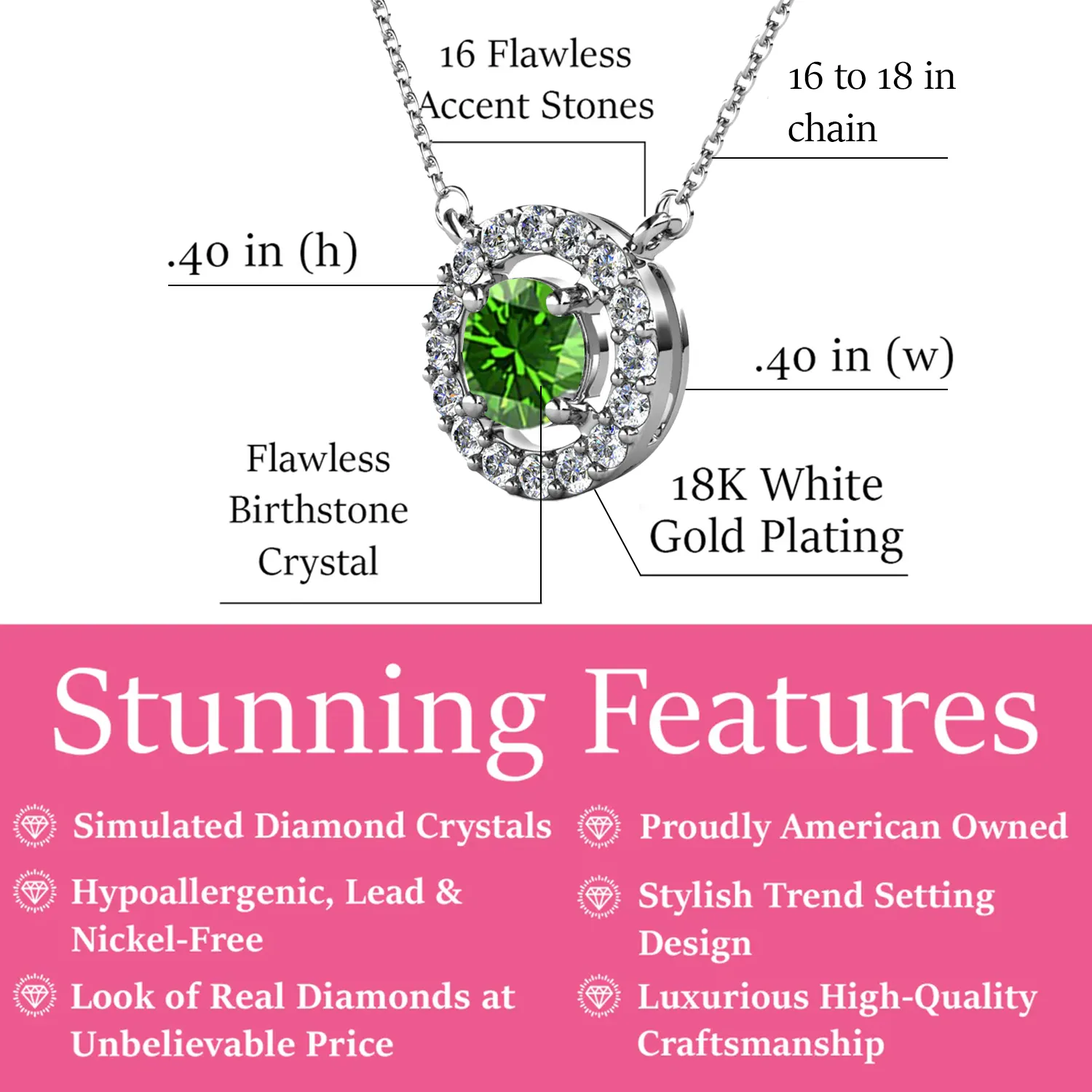 Luxe Swarovski Jewelry Royal Birthstone 18k White Gold Plated Halo Necklace with Round Cut Swarovski Crystals