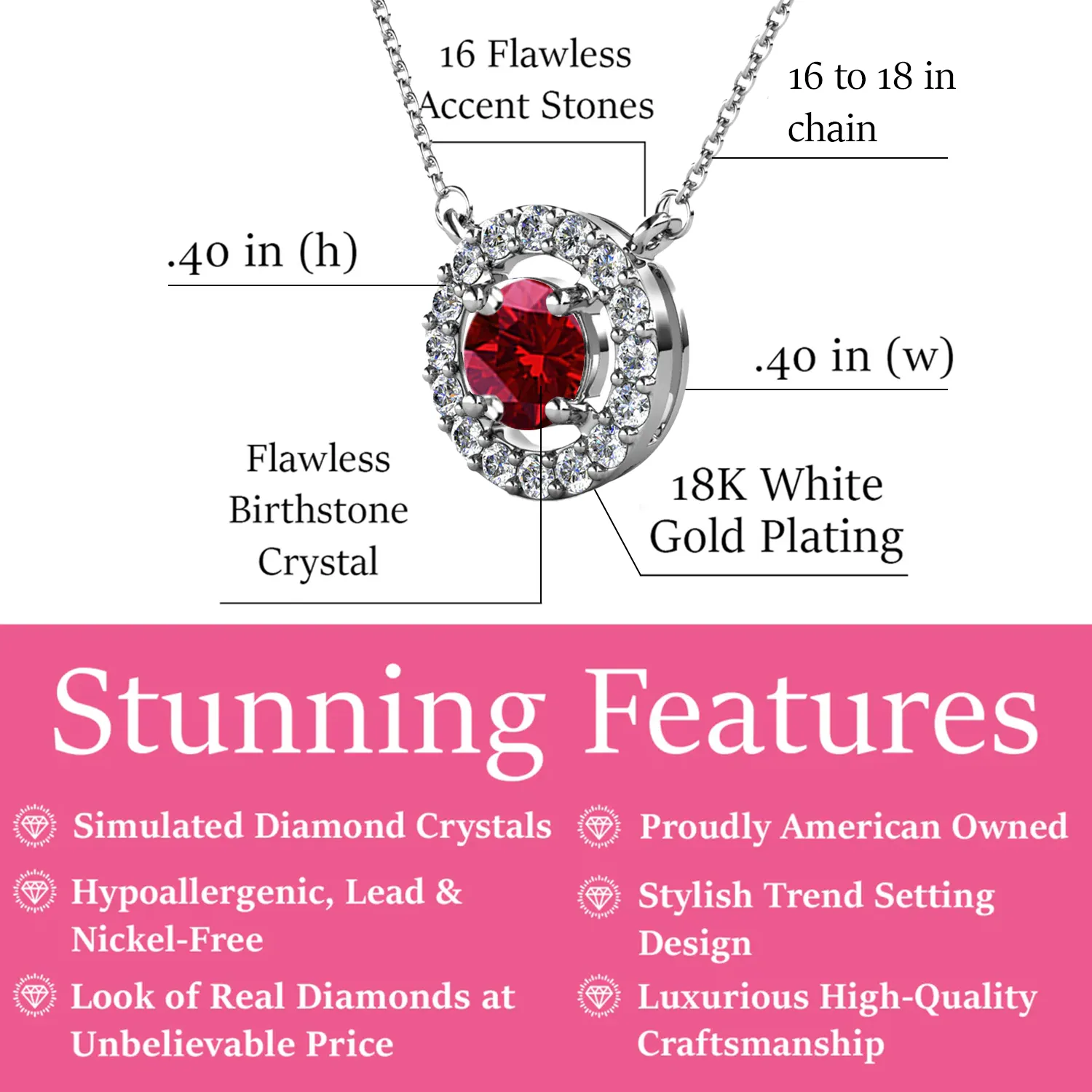 Luxe Swarovski Jewelry Royal Birthstone 18k White Gold Plated Halo Necklace with Round Cut Swarovski Crystals