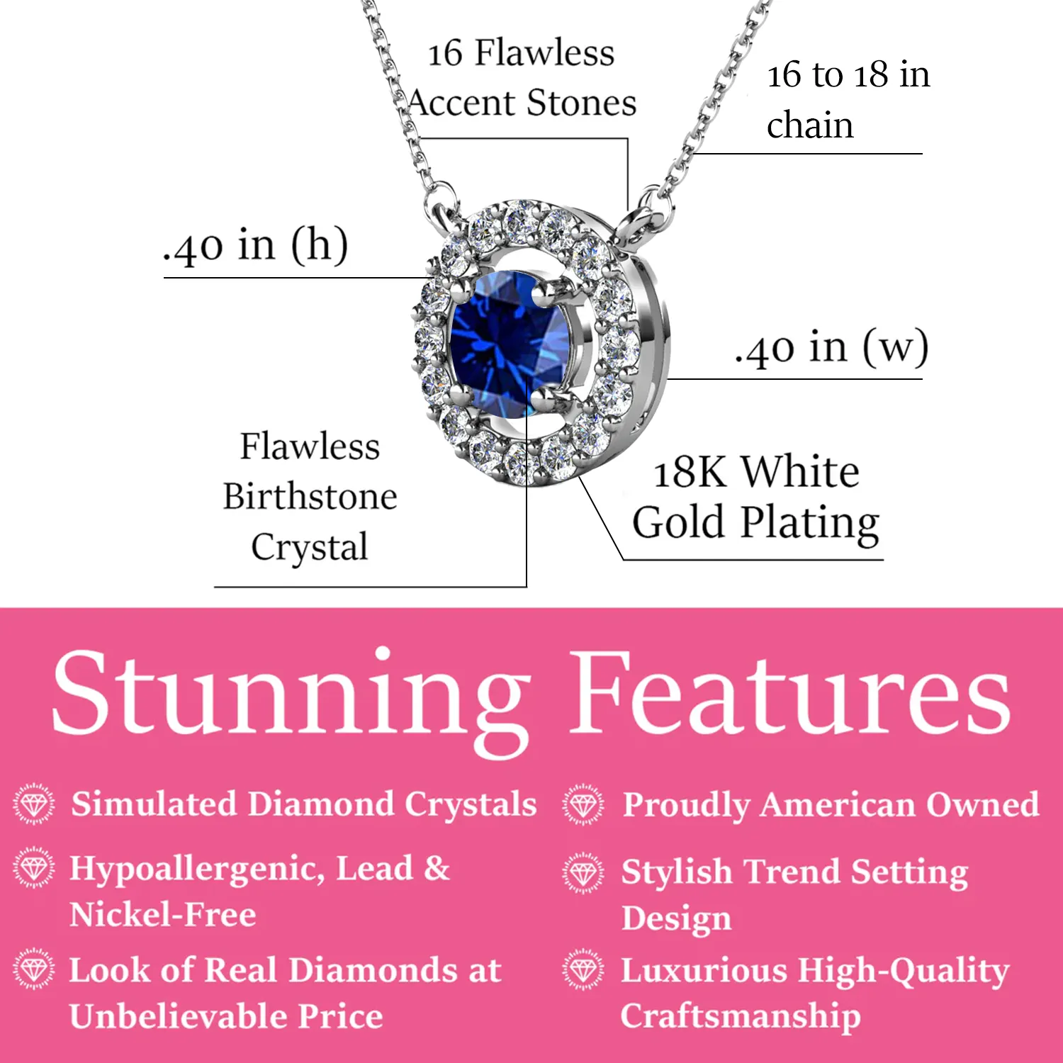 Luxe Swarovski Jewelry Royal Birthstone 18k White Gold Plated Halo Necklace with Round Cut Swarovski Crystals