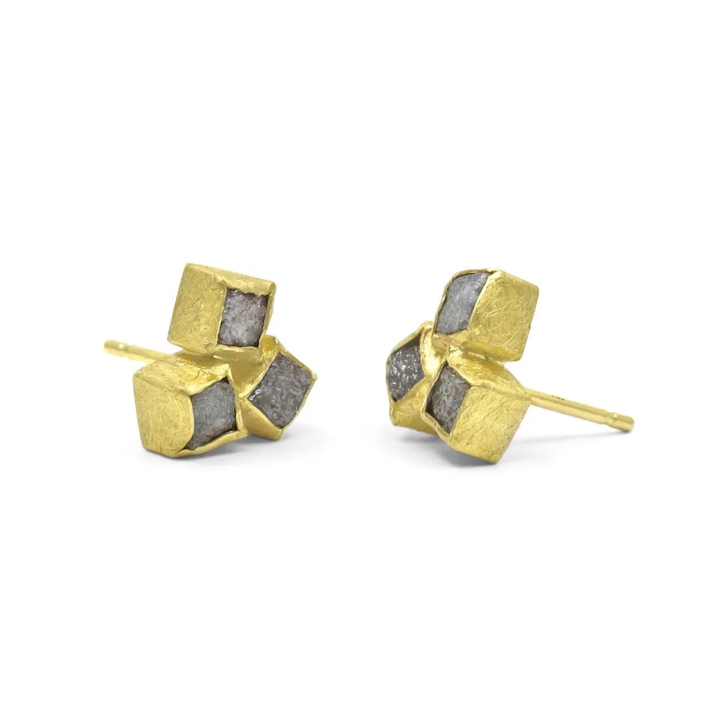 Petra Class Natural Rough Diamond Gold Triple Stone Stud Earrings