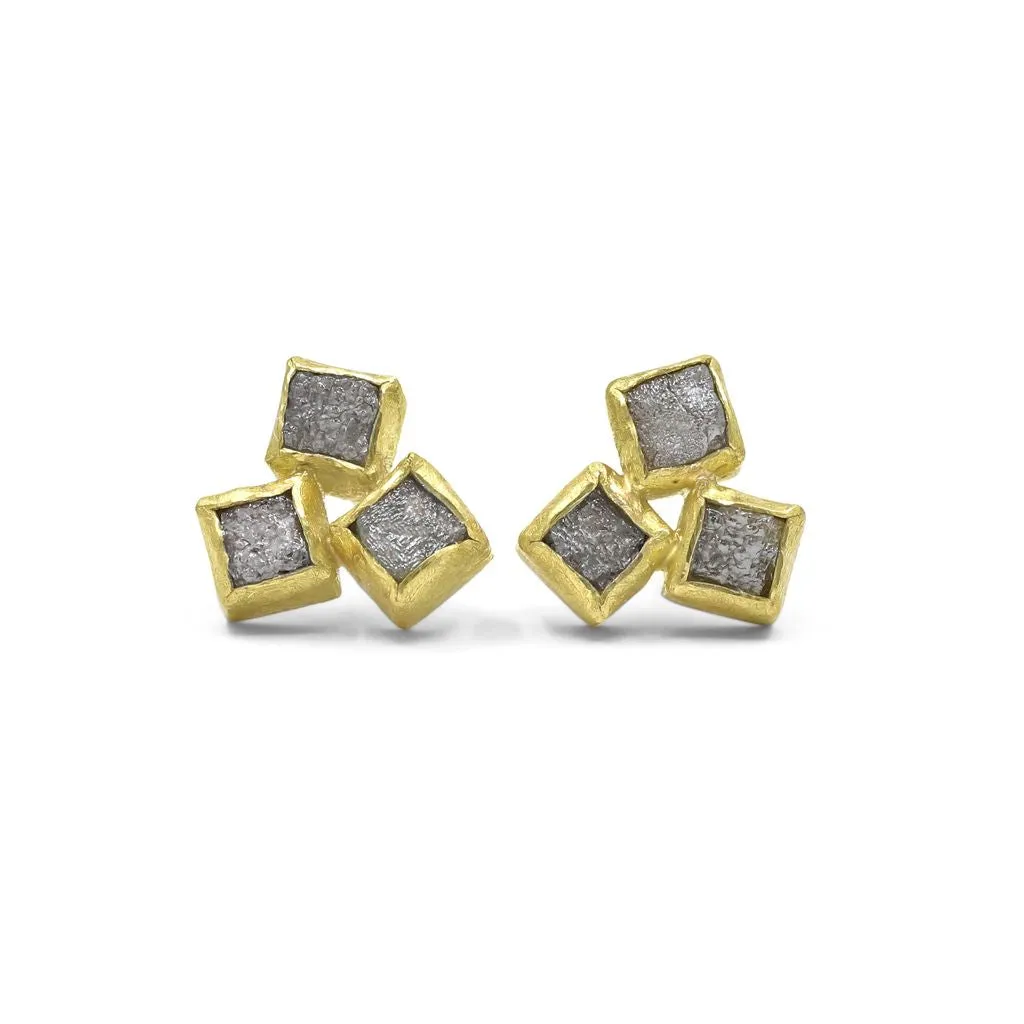 Petra Class Natural Rough Diamond Gold Triple Stone Stud Earrings