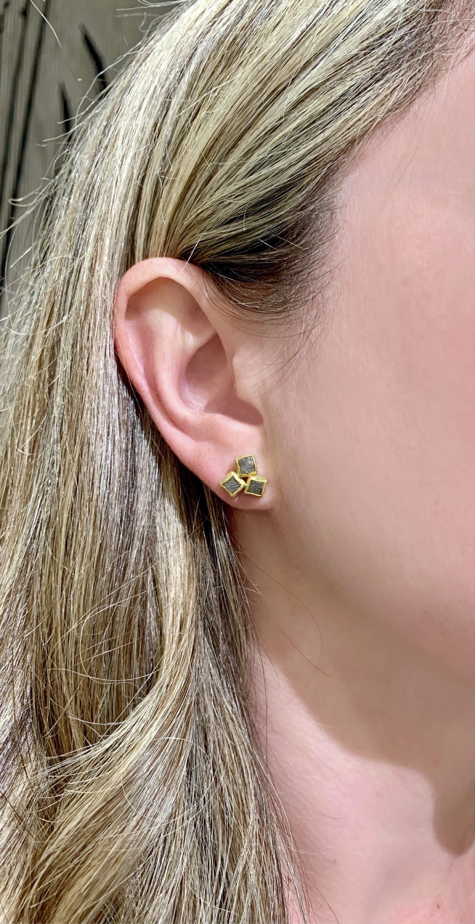 Petra Class Natural Rough Diamond Gold Triple Stone Stud Earrings