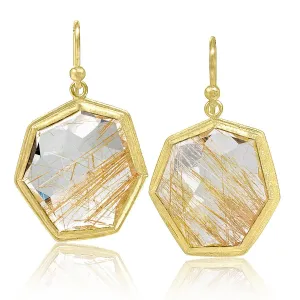 Petra Class One of a Kind Faceted Rutilated Quartz Heptagon Gold Drop Earrings
