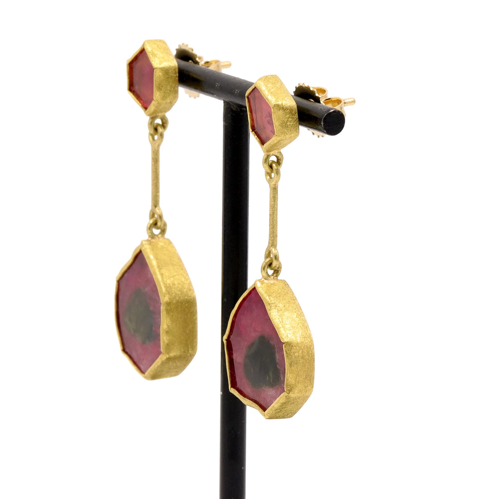 Petra Class Red   Bi-color Tourmaline Double Segment Gold Drop Earrings