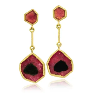Petra Class Red   Bi-color Tourmaline Double Segment Gold Drop Earrings