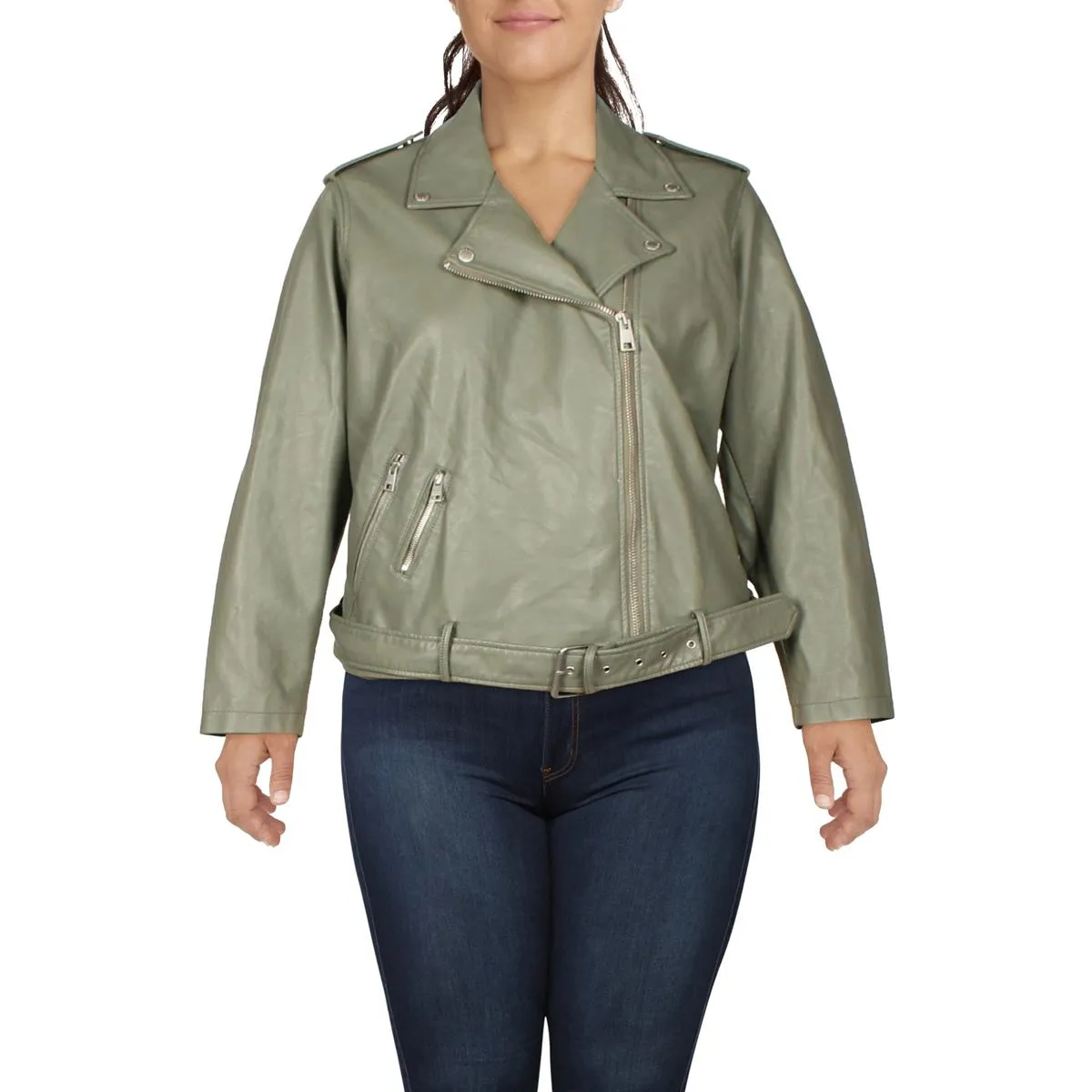 Plus Womens Faux Leather Belted Motorcycle Jacket