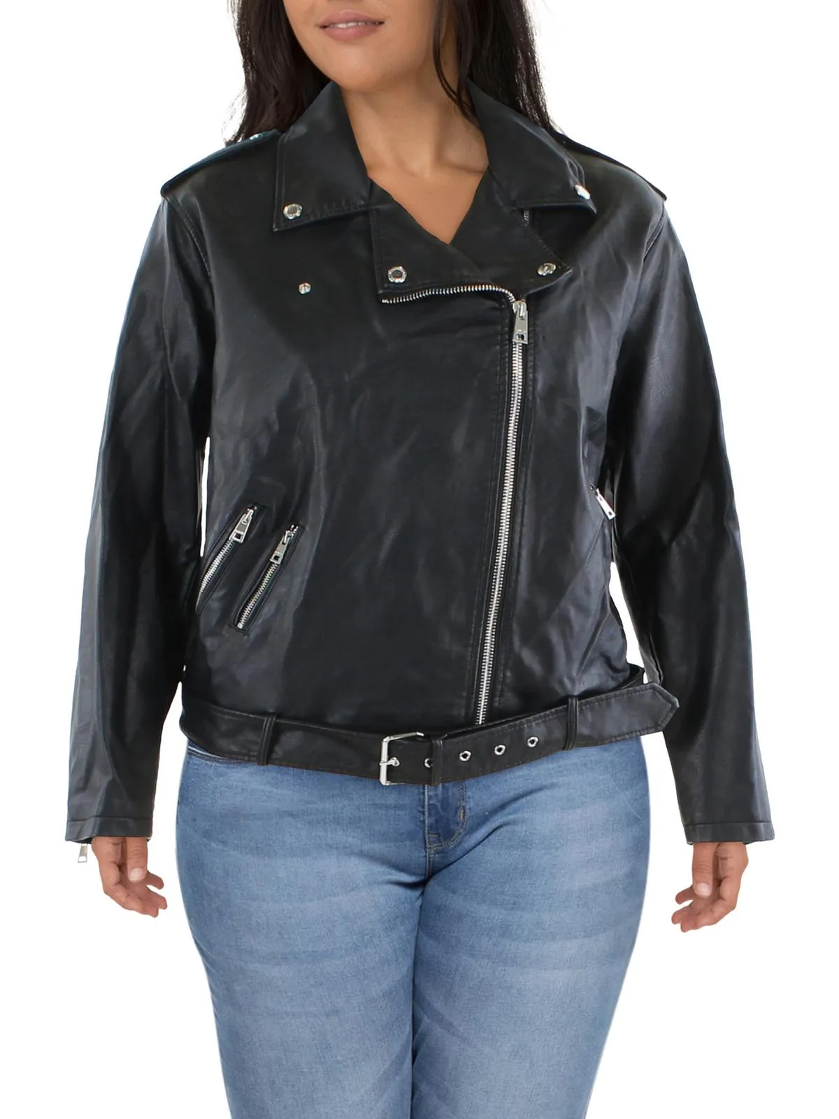 Plus Womens Faux Leather Belted Motorcycle Jacket