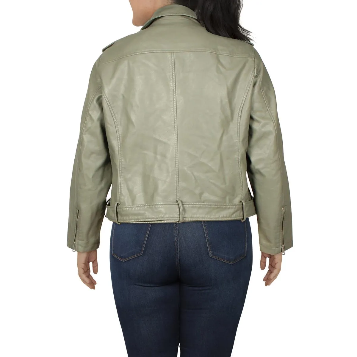 Plus Womens Faux Leather Belted Motorcycle Jacket