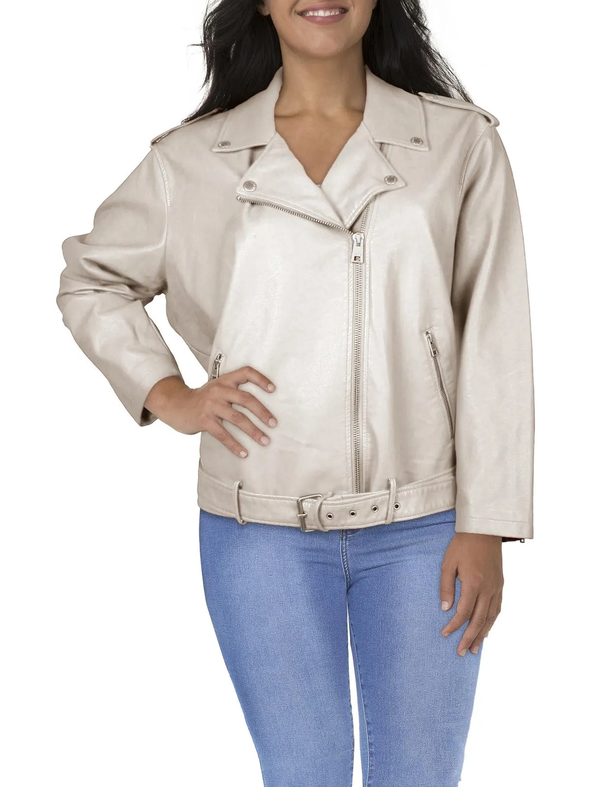 Plus Womens Faux Leather Belted Motorcycle Jacket