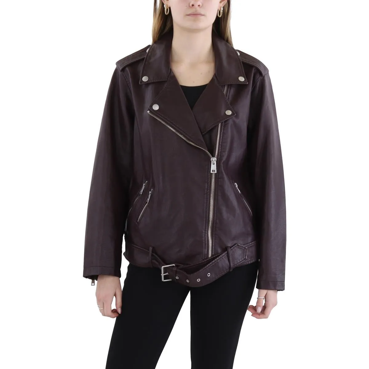 Plus Womens Faux Leather Belted Motorcycle Jacket