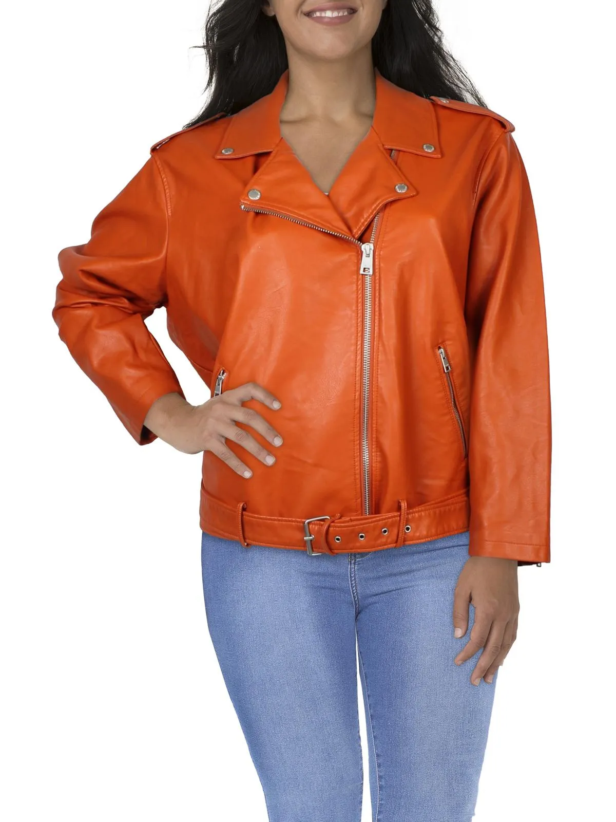 Plus Womens Faux Leather Belted Motorcycle Jacket
