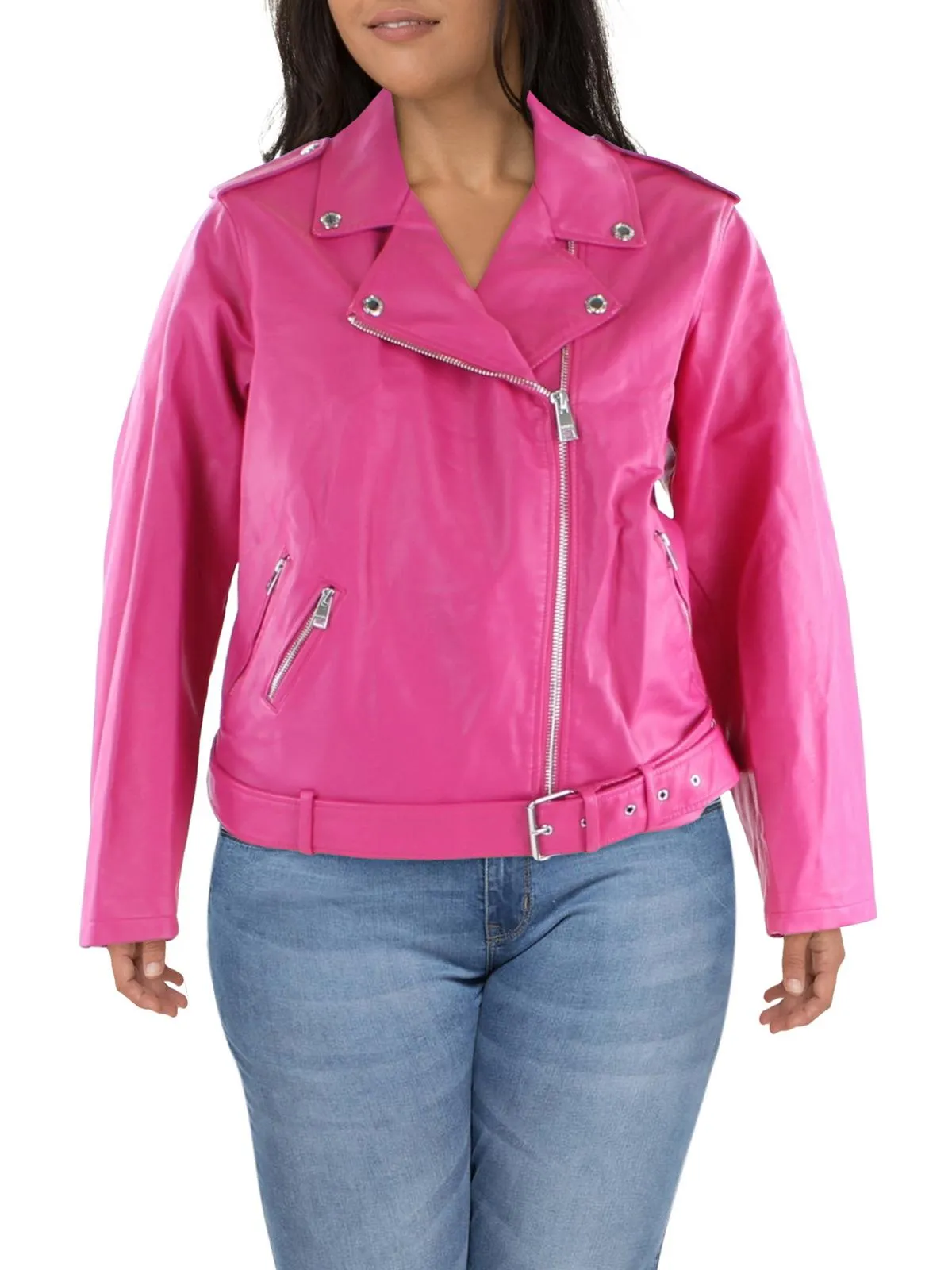 Plus Womens Faux Leather Belted Motorcycle Jacket