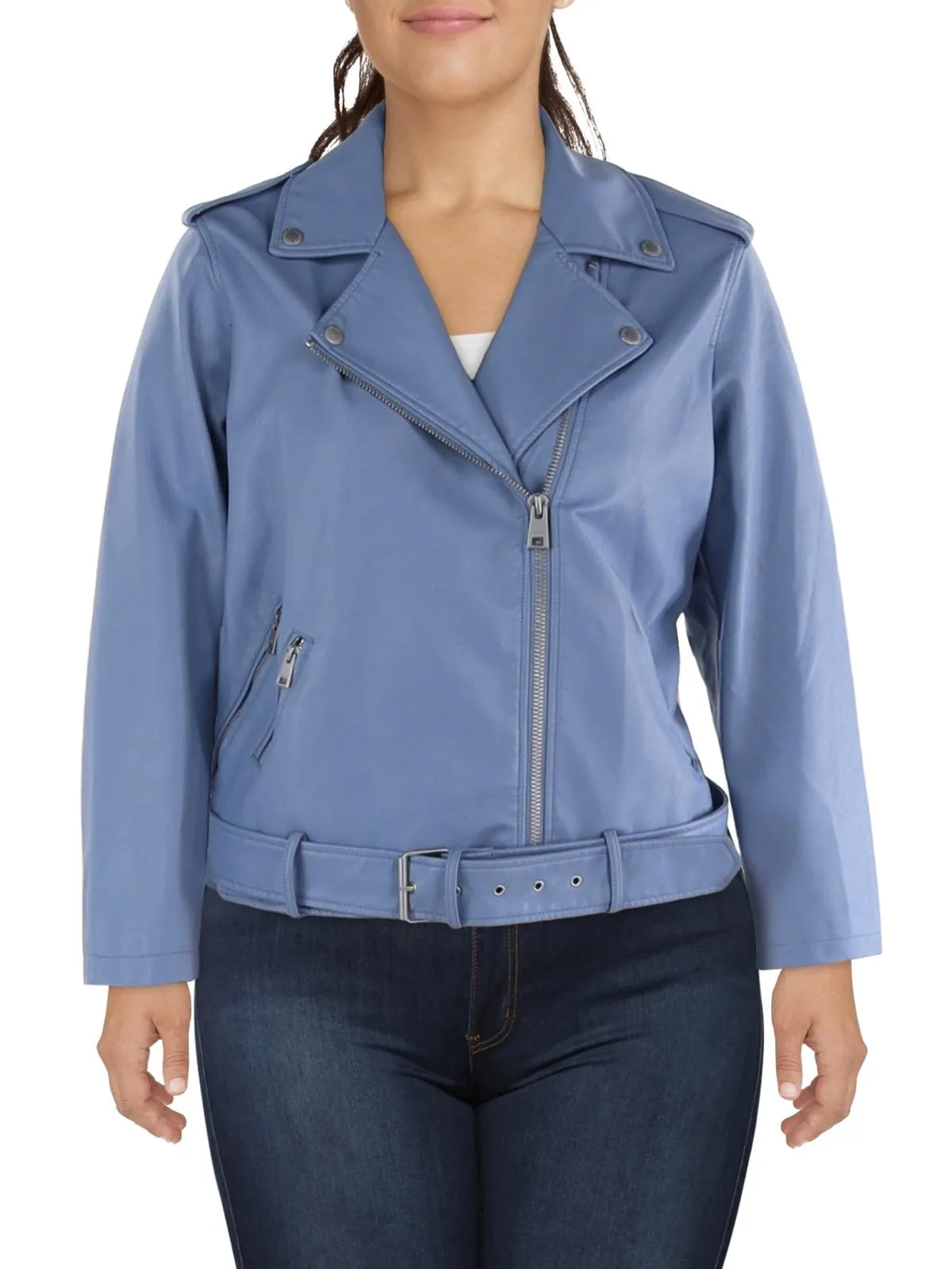 Plus Womens Faux Leather Belted Motorcycle Jacket