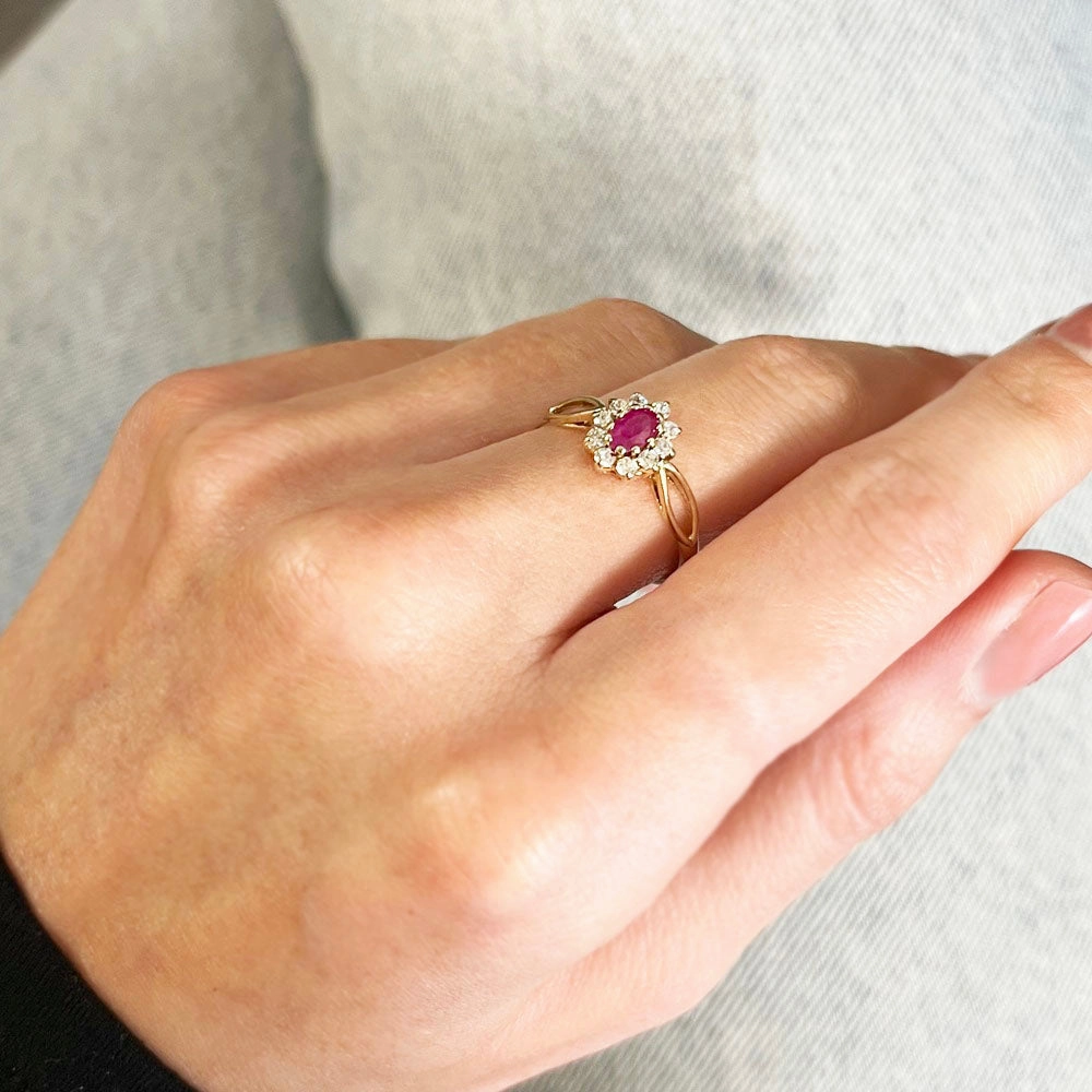 Pre Owned 9ct Yellow Gold Ruby and Cubic Zirconia Cluster Ring