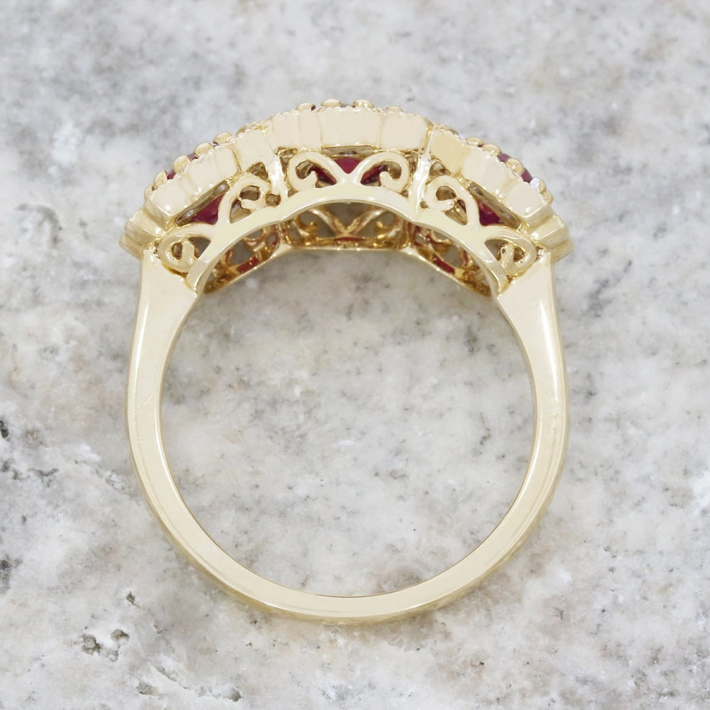 Pre Owned 9ct Yellow Gold Ruby and Diamond Triple Cluster Ring