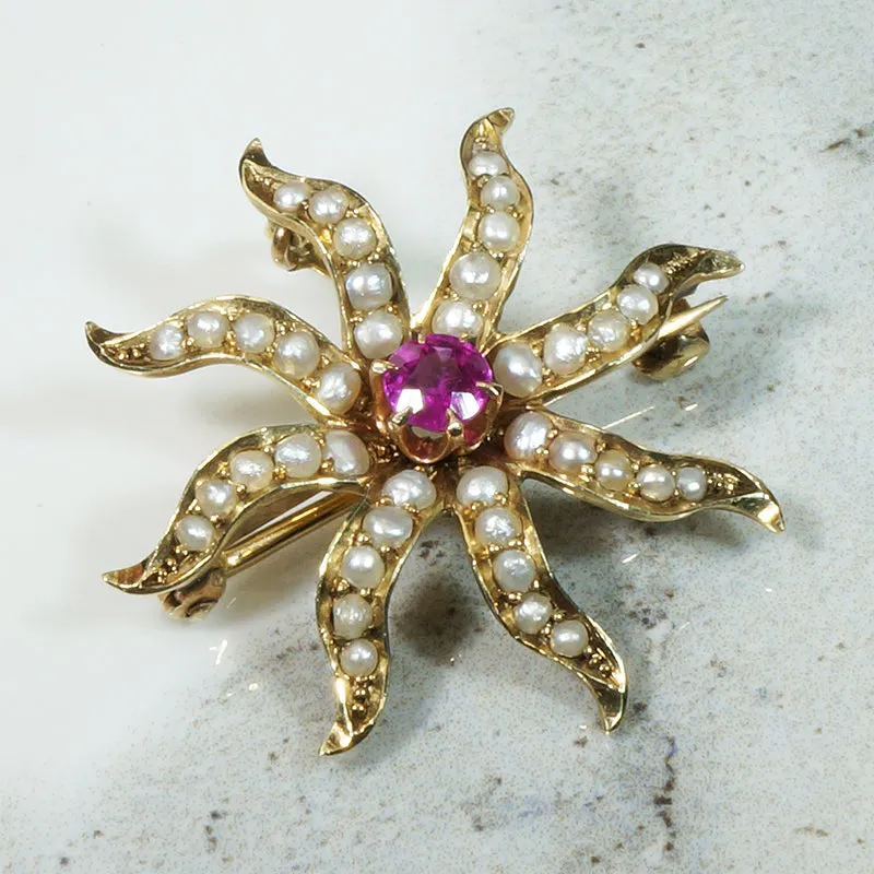 Radiant Ruby & Pearl Star Brooch