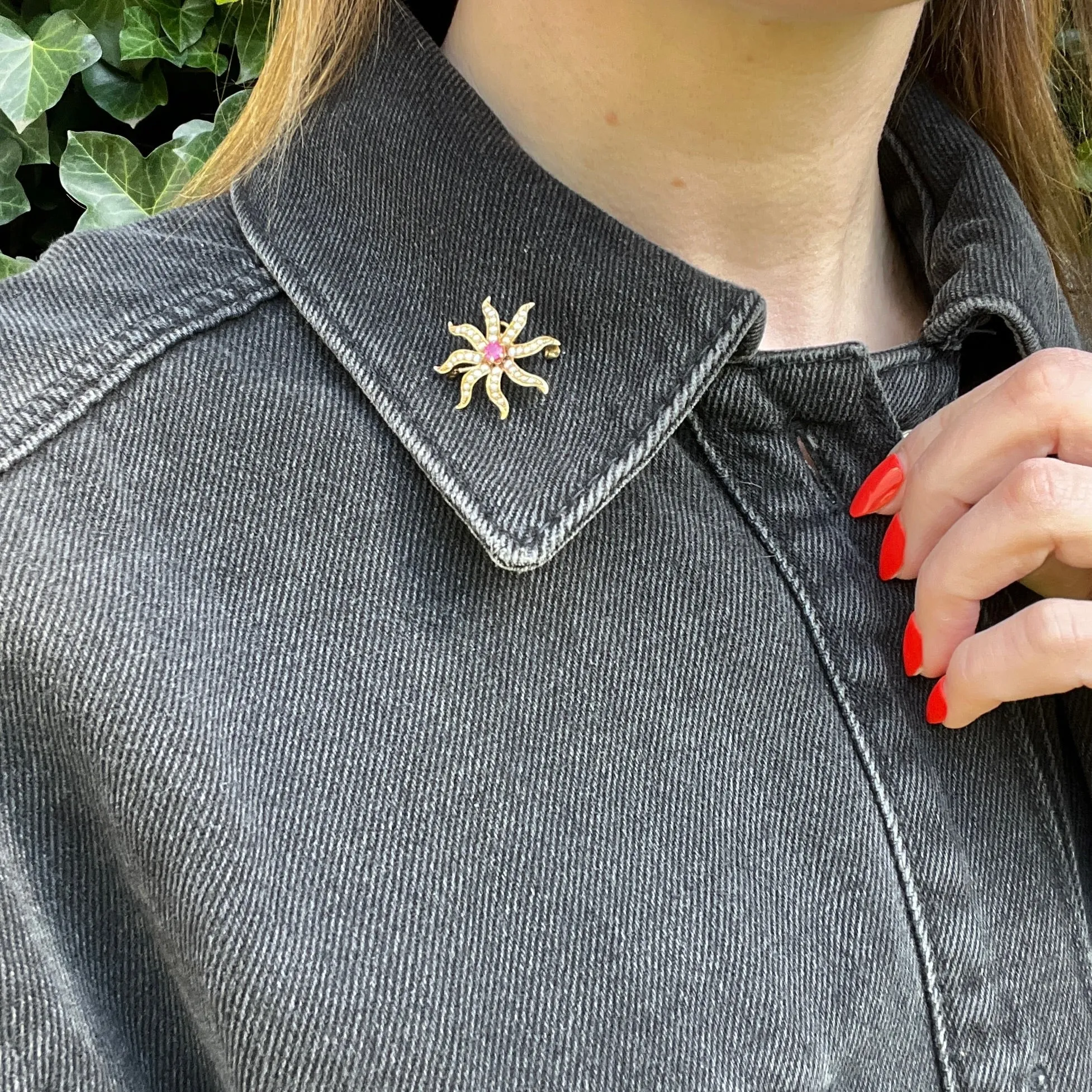 Radiant Ruby & Pearl Star Brooch
