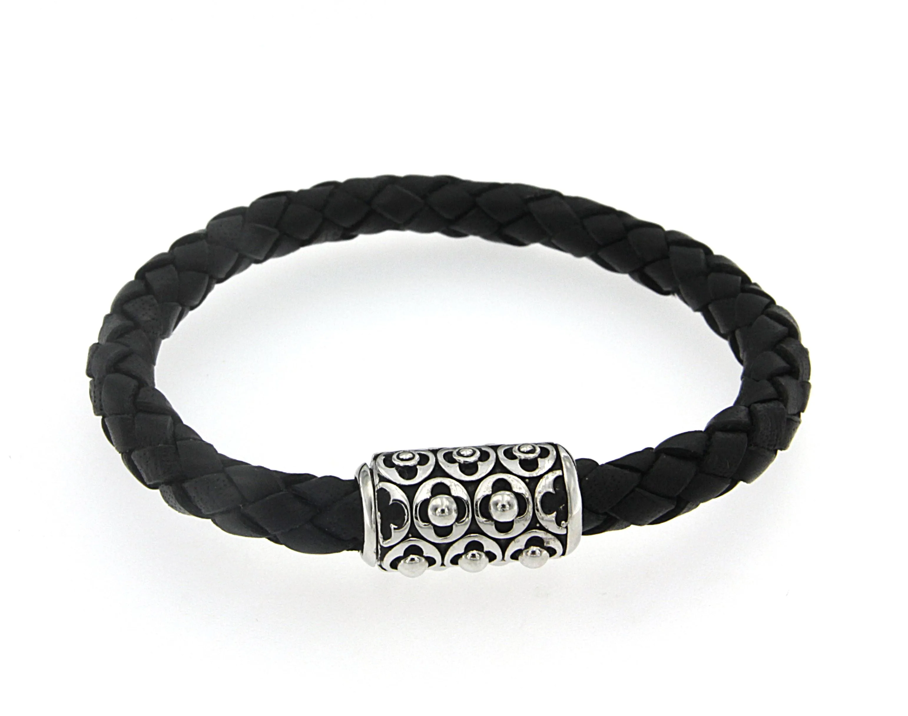 Samuel B. Sterling Silver Men's Imperial Black Leather Bracelet (93411) Samuel B Jewelry