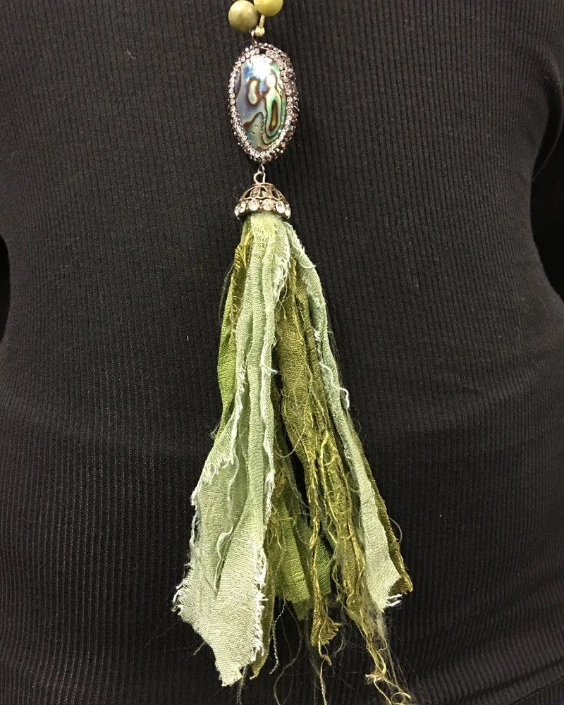 Shabby Chic Abalone Fabric Tassel Necklace