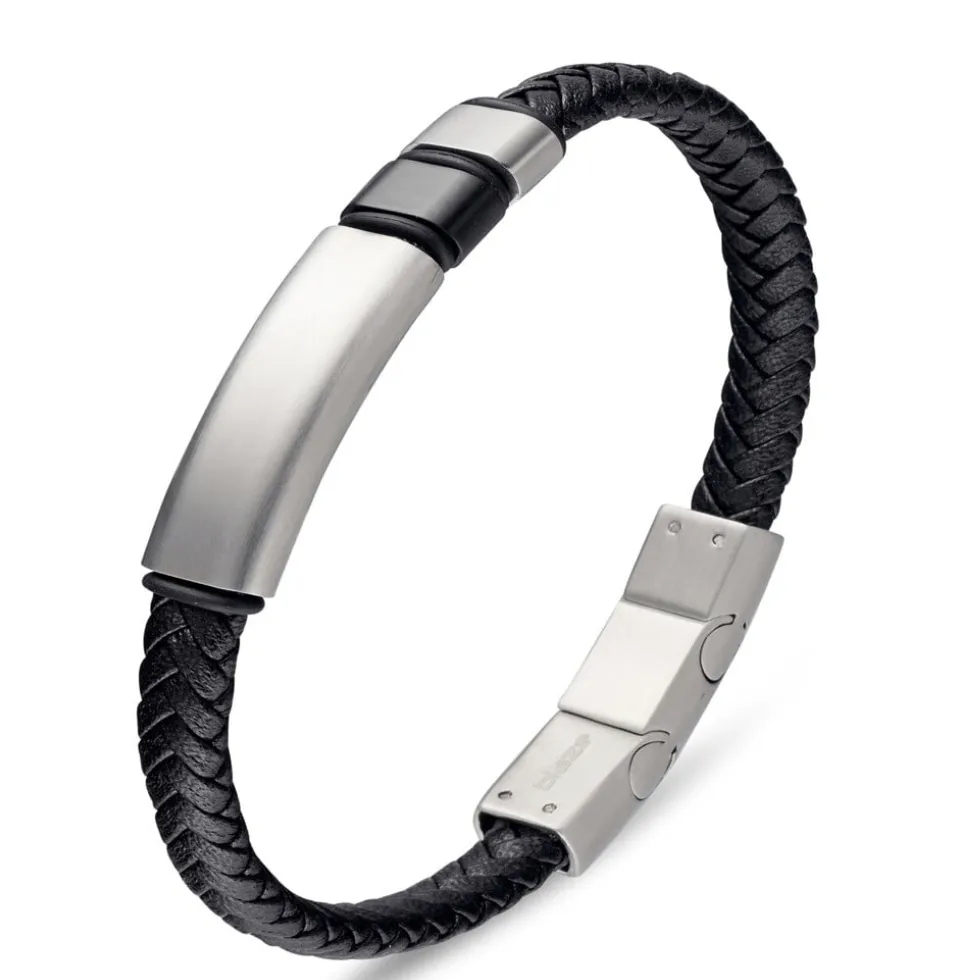Silver & Stainless Essentials Jewellery Bracelet - Blaze Stainless Steel Men's Black Leather Bangle with Steel Bar Details