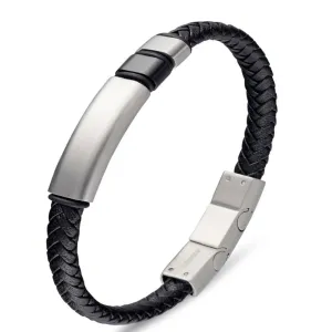 Silver & Stainless Essentials Jewellery Bracelet - Blaze Stainless Steel Men's Black Leather Bangle with Steel Bar Details
