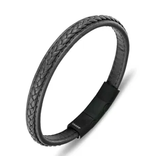 Silver & Stainless Essentials Jewellery Bracelet - Blaze Stainless Steel Men's Black Leather Bangle