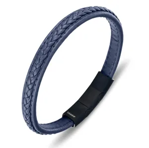 Silver & Stainless Essentials Jewellery Bracelet - Blaze Stainless Steel Men's Blue Leather Bangle