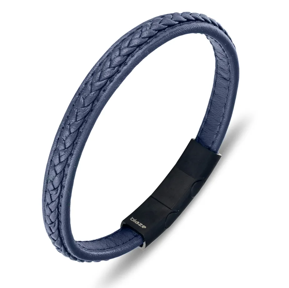 Silver & Stainless Essentials Jewellery Bracelet - Blaze Stainless Steel Men's Blue Leather Bangle