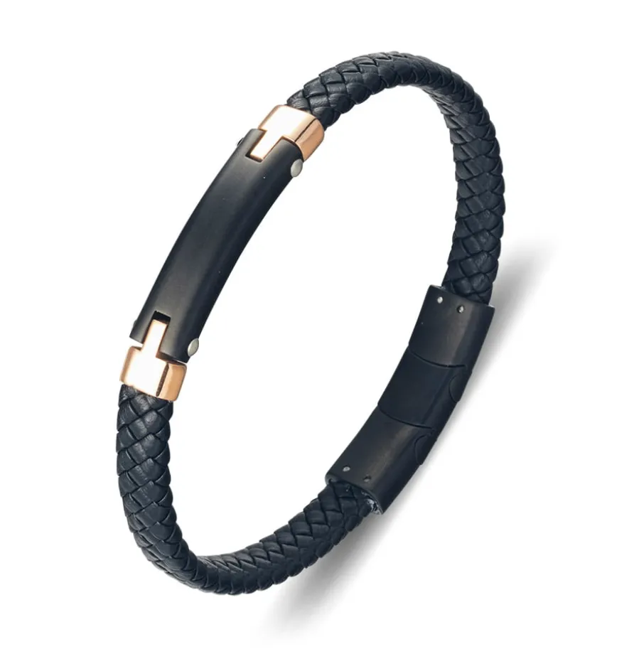 Silver & Stainless Essentials Jewellery Men Bracelet -  Blaze Black Leather Bangle with Multicoloured Stainless Steel ID Plate