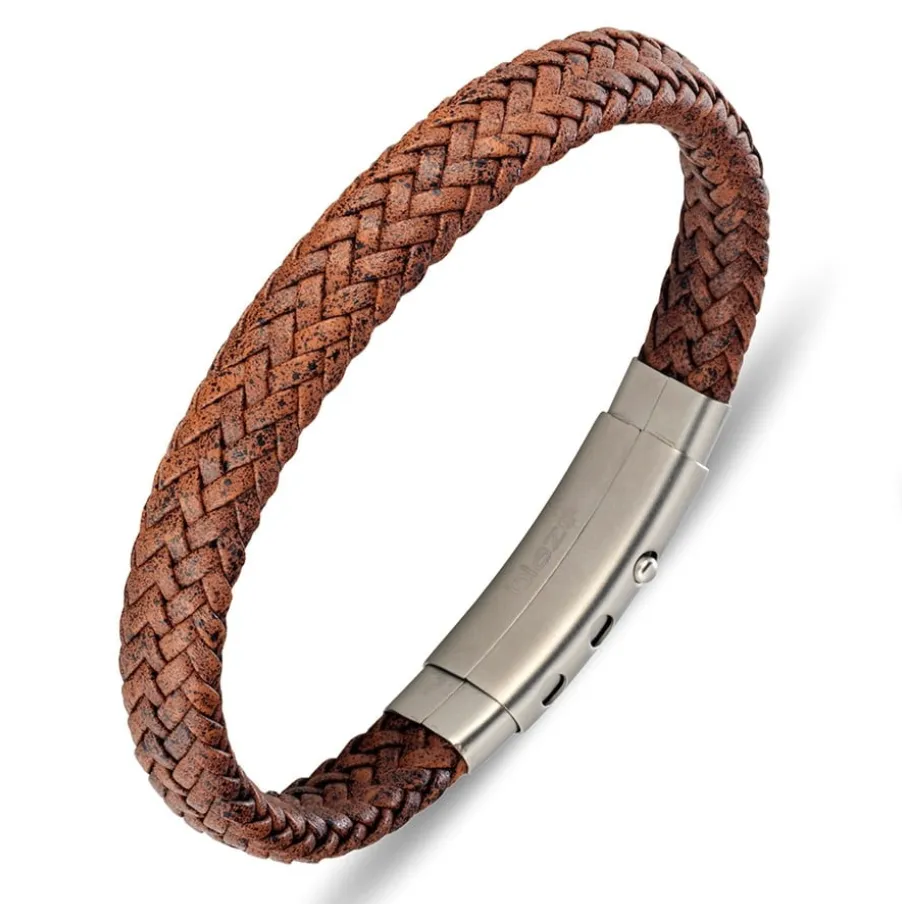 Silver & Stainless Essentials Jewellery Men Bracelet -  Blaze Stainless Steel Leather Bangle with Steel Clasp