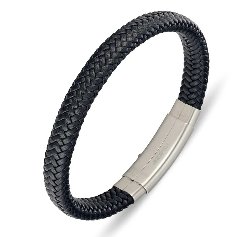 Silver & Stainless Essentials Jewellery Men Bracelet -  Blaze Stainless Steel Leather Bangle with Steel Clasp