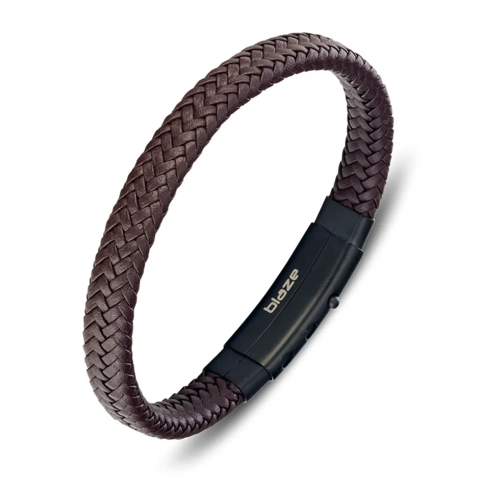 Silver & Stainless Essentials Jewellery Men Bracelet -  Blaze Stainless Steel Leather Bangle with Steel Clasp