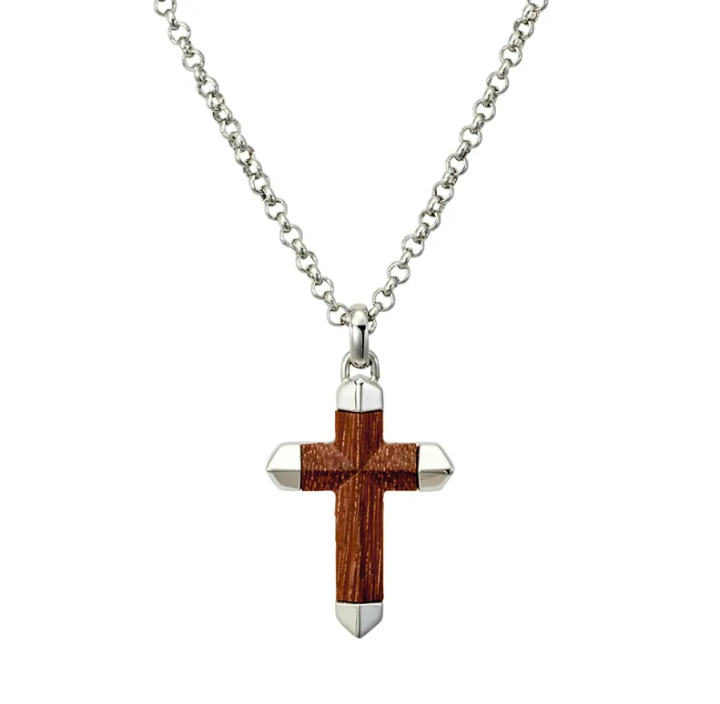 Silver & Stainless Essentials Jewellery Necklace - Blaze Men’s Polished Stainless Steel Necklace with Carbon Fibre Inlay Cross Pendant