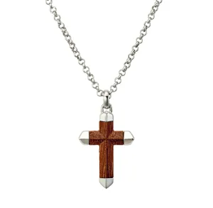 Silver & Stainless Essentials Jewellery Necklace - Blaze Men’s Polished Stainless Steel Necklace with Carbon Fibre Inlay Cross Pendant