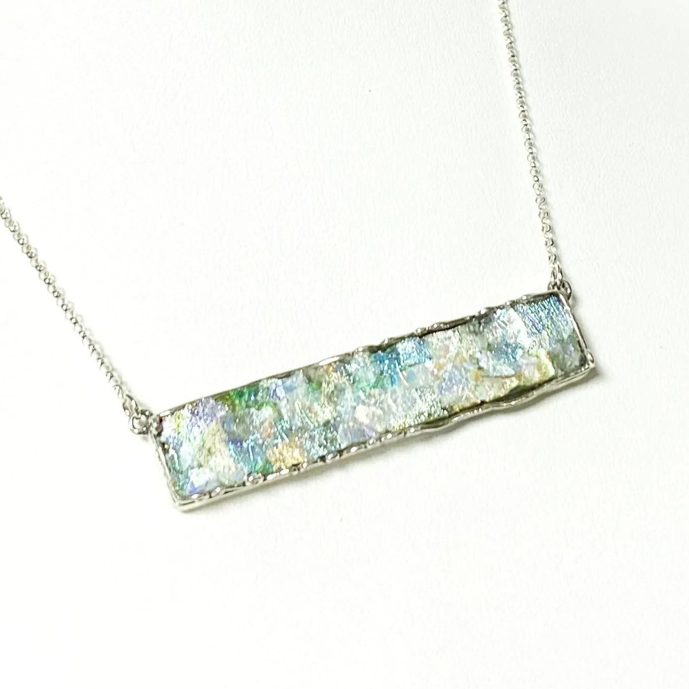 Silver Parrot Jewelry Roman Glass Long Bar Necklace in Sterling Silver