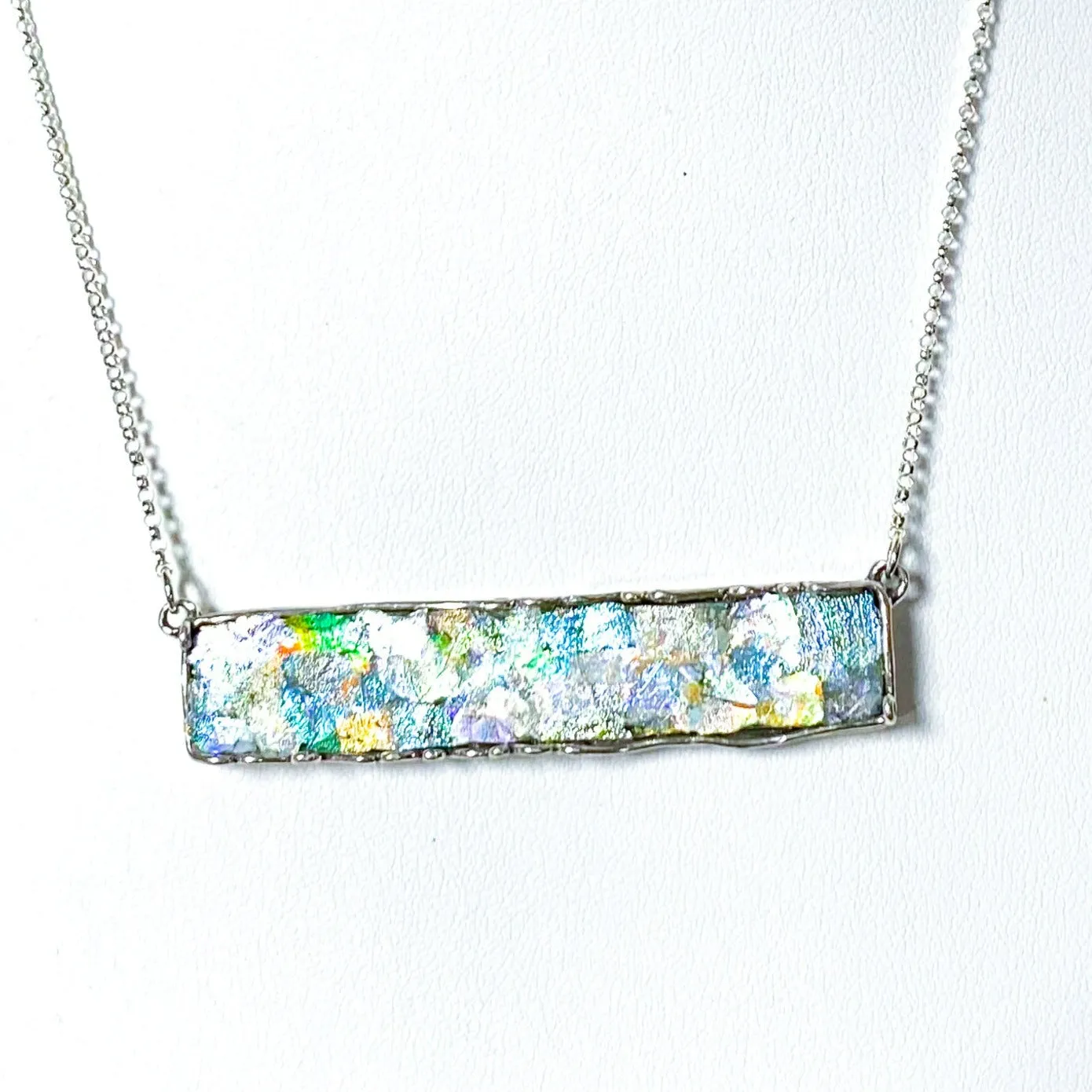 Silver Parrot Jewelry Roman Glass Long Bar Necklace in Sterling Silver