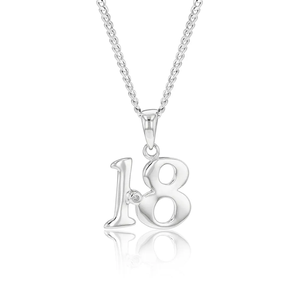Silver Pendant Number 18 set with Diamond Sterling Silver	Jewelry