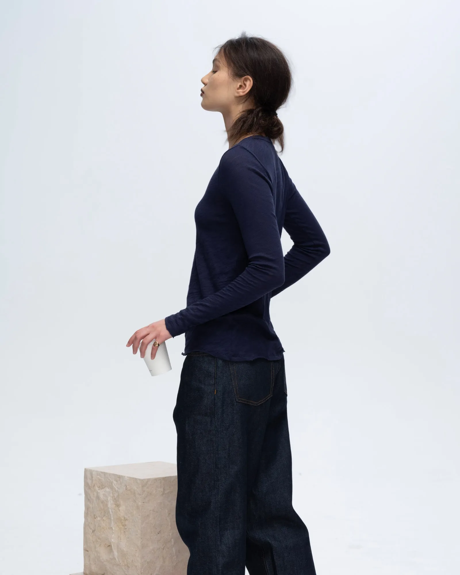 Slub Jersey Long Sleeve Destroyed Wash Tee - Midnight