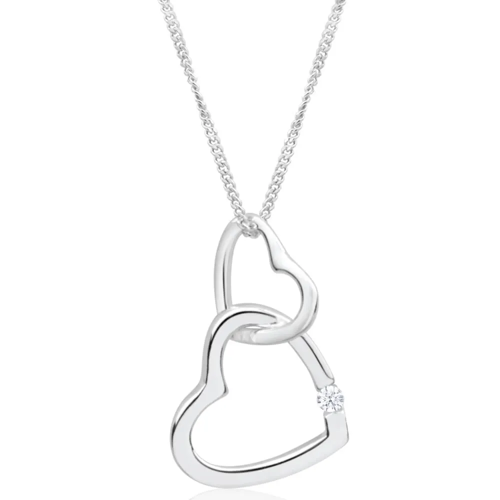 Sterling Silver Cubic Zirconia Double Open Heart Pendant With 45cm Chain Sterling Silver	Jewelry