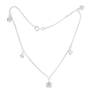 Sterling Silver Cubic Zirconia Leaf And Star Charm 25.4cm Anklet Sterling Silver	Jewelry