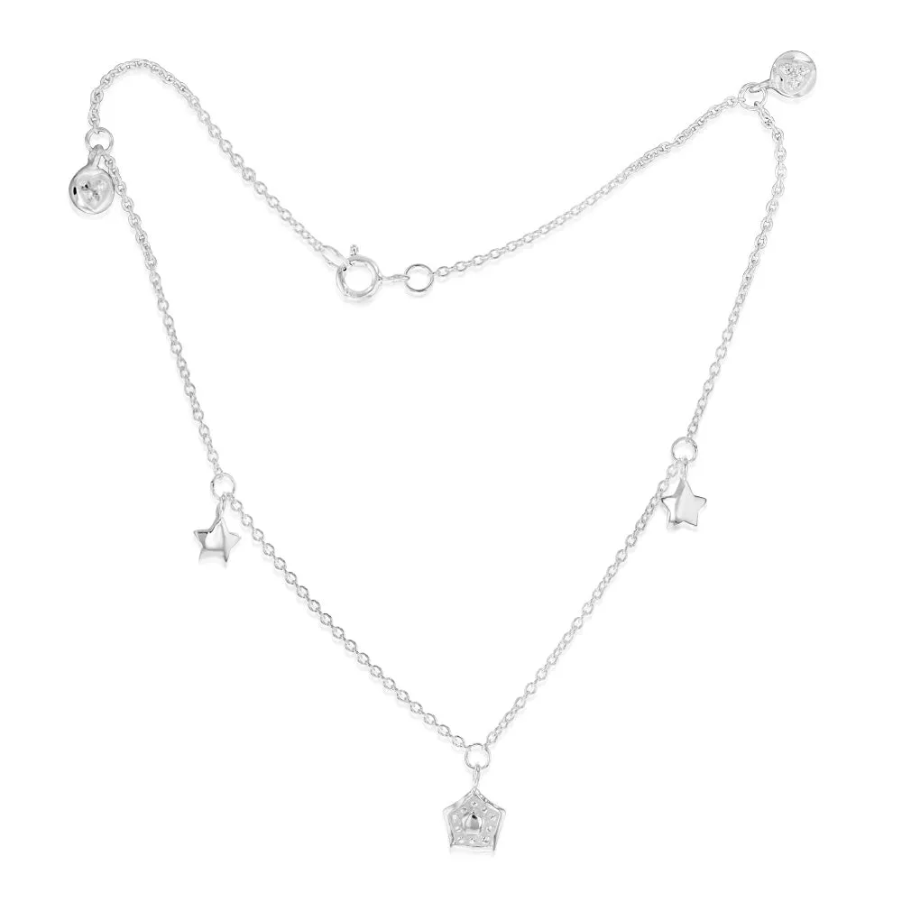 Sterling Silver Cubic Zirconia Leaf And Star Charm 25.4cm Anklet Sterling Silver	Jewelry