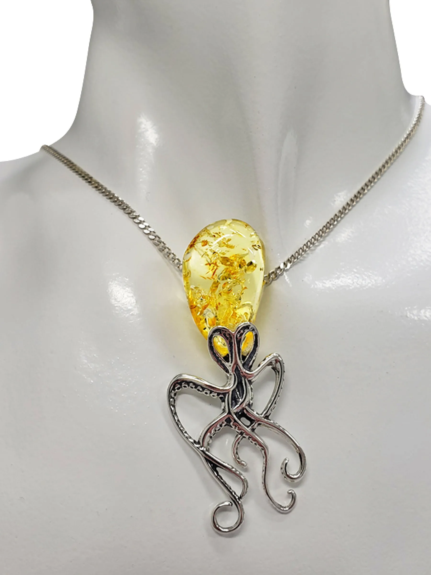 Sterling Silver Jewelry Amber Octopus Pendant